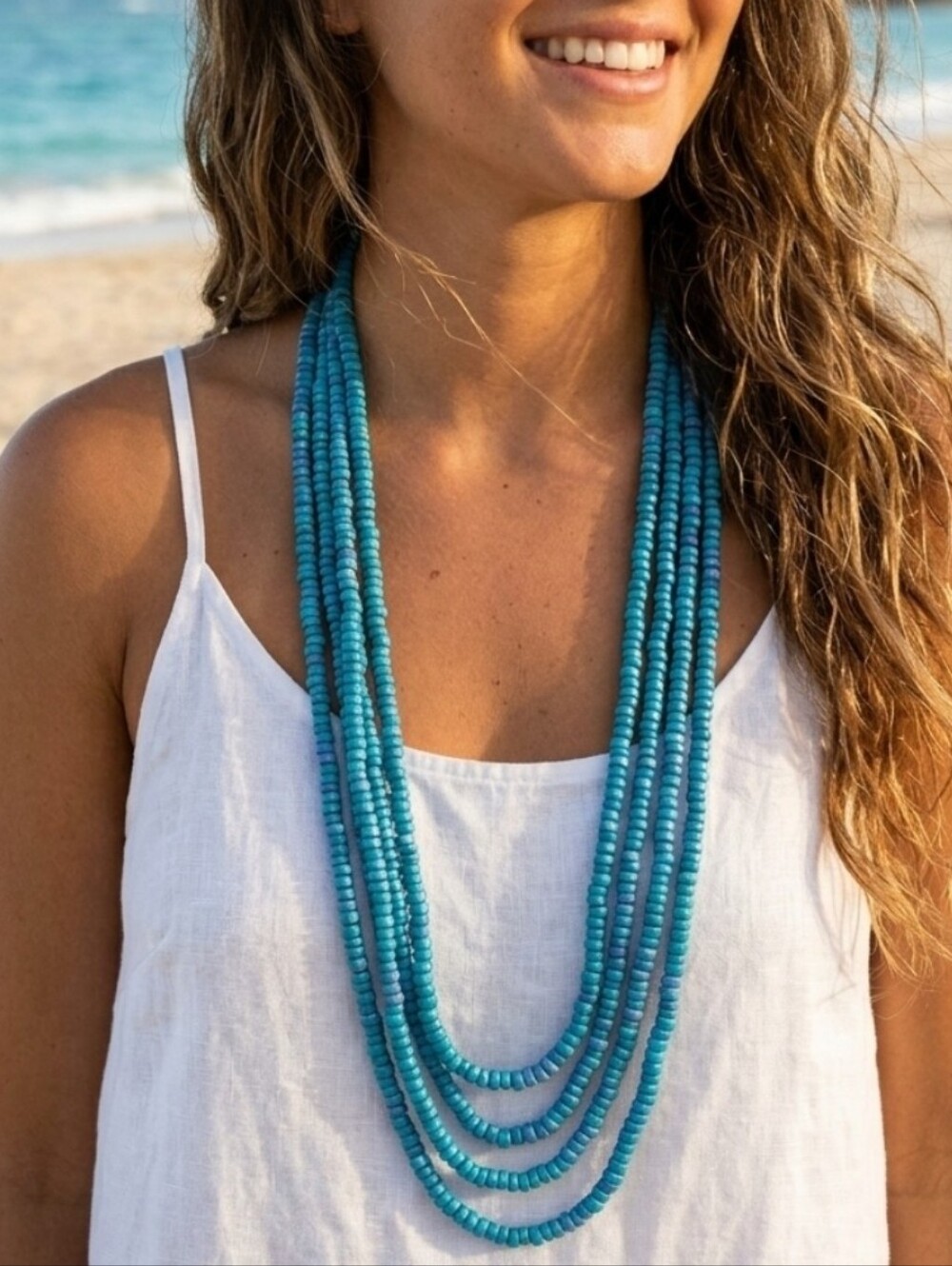 Tribal Heishi Beads Multi Strand Necklace Aqua Blue